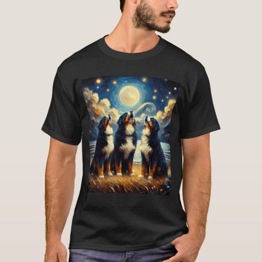 T-shirt Nuit étoilée Trois chiens bernois hurlent (Devant)