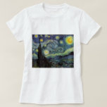 T-shirt Nuit étoilée - van Gogh<br><div class="desc">De la lampe du mineur de Nuenen à celle qu'il plaça sur son rebord de fenêtre suivant la scène avec Gauguin ; de la vedette du soir il nota en 1875 dans Corot Olive Orchard à la lettre qu'il écrivit à son frère en août 1888, dans laquelle il disait :...</div>