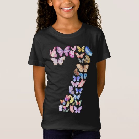 T-Shirt Numéro 7 Papillons Thème 7 ans Filles Enfants (Devant)