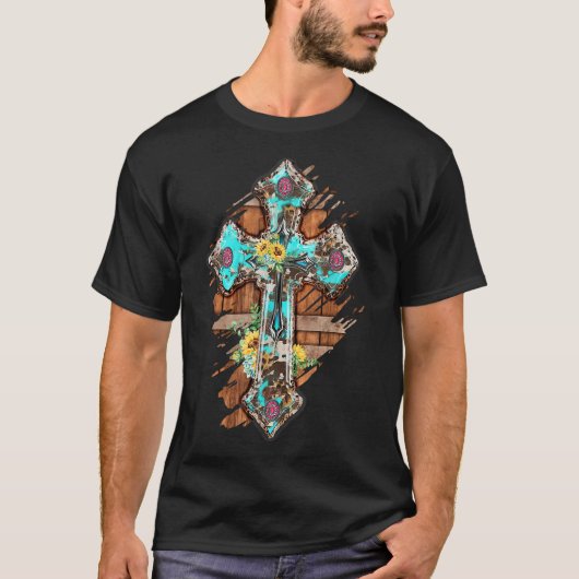 T-shirt Occidental Boho Christian Turquoise Leopard Faith  (Devant)
