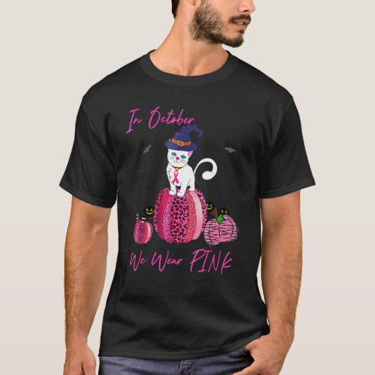T-shirt October We Wear Pink Pumpkin Cat With Witch Hat Ha (Devant)