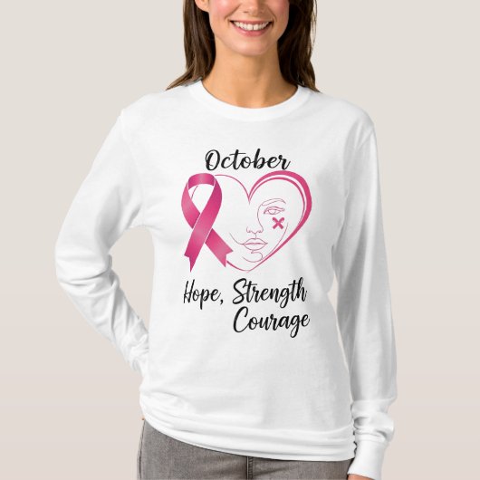T-shirt Octobre Pink Ribbon Face - Espoir, Force, Courage (Devant)