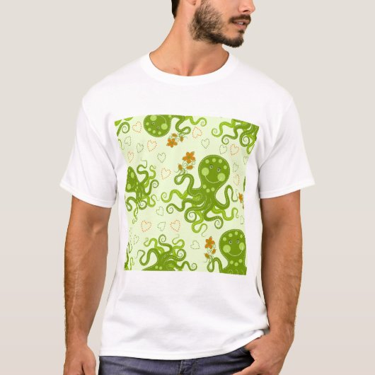 T-shirt Octopes Vertes Avec Fleurs (Devant)