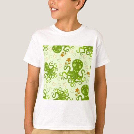 T-shirt Octopes Vertes Avec Fleurs (Devant)