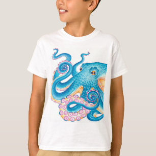 T-shirt Octopus bleu Kraken Orange Rose Aquarelle