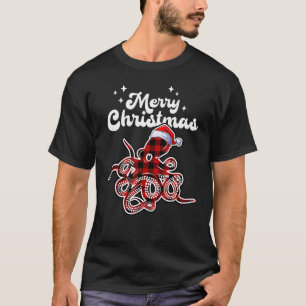 T-shirt Octopus Buffle de Noël Rouge Plaid Santa Hat Octo