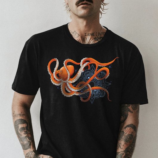 T-shirt Octopus Orange Mandala bleu