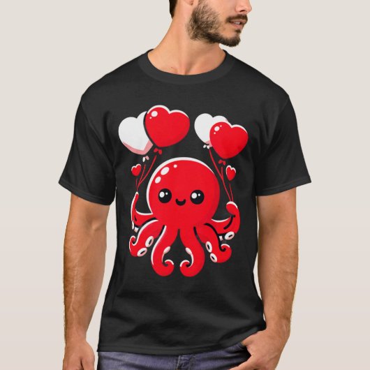 T-shirt Octopus With Heart Lloons Adorable Valentines Day  (Devant)