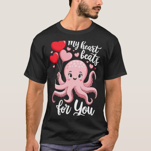 T-shirt Octopus With Heart Lloons My Heart Beats For You V (Devant)