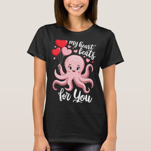 T-shirt Octopus With Heart Lloons My Heart Beats For You V (Devant)