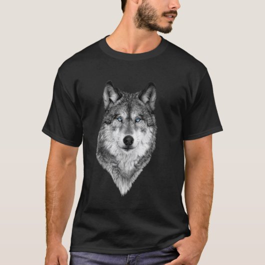 T-shirt Œil Intrépide Du Loup Face Impression Noir Et Blan (Devant)
