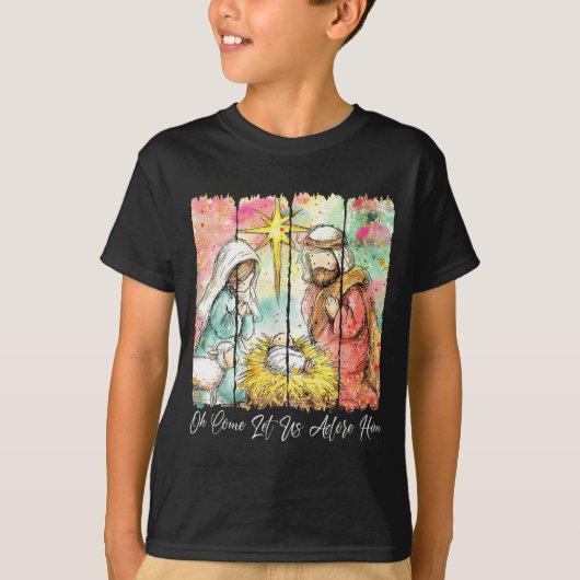 T-shirt Oh Come Let Us Adore Him Nativity Scene Christian (Devant)