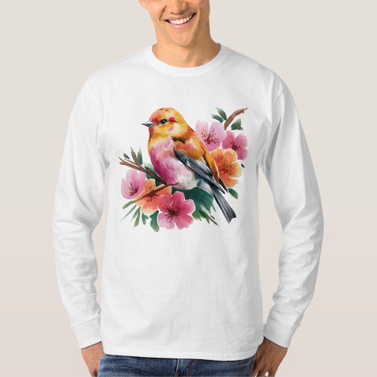 T-shirt Oiseau à Fleur Rose (Devant)