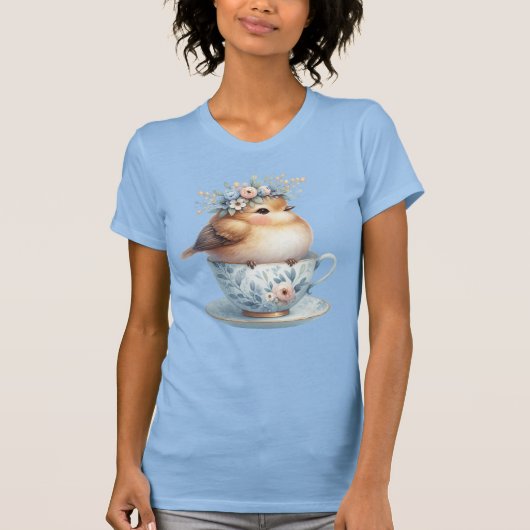 T-shirt Oiseau bleu mignon avec couronne florale en Teacup (Devant)