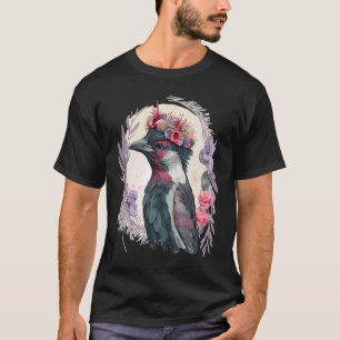 T-shirt Oiseau de Pic mignon Fleur Couronne Animaux de com