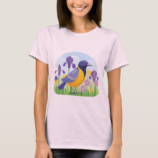 T-shirt Oiseau moderne avec Cool Iris Fleurs (Devant)
