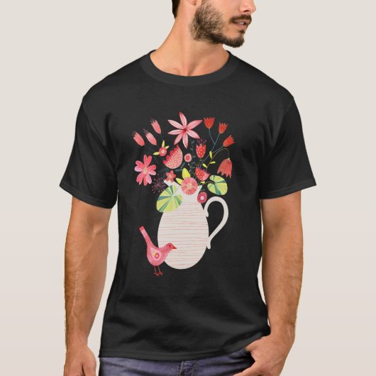 T-shirt Oiseaux Avec Un Jon De Fleurs (Devant)