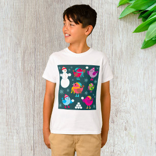 T-shirt Oiseaux d'hiver jouant dans la neige avec un bonho