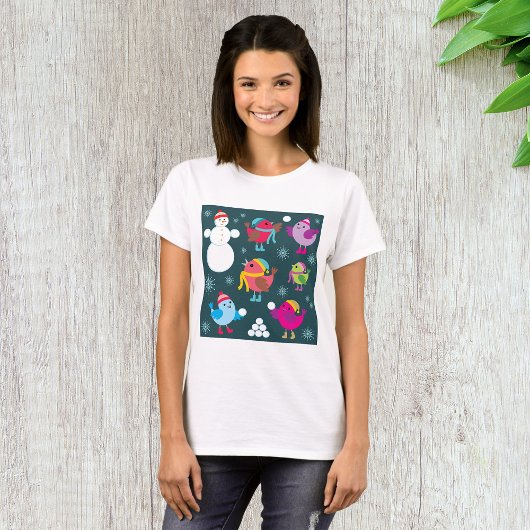 T-shirt Oiseaux d'hiver Jouer dans la neige avec Snowman
