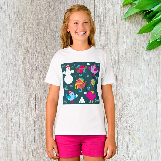 T-shirt Oiseaux d'hiver Jouer dans la neige avec Snowman