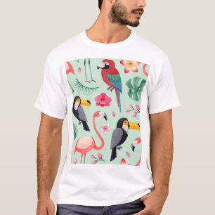 T-shirt Oiseaux tropicaux, fleurs, motif d'aquarelle.