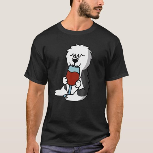 T-shirt Old English Sheepdog Drinking Wine Dog (Devant)