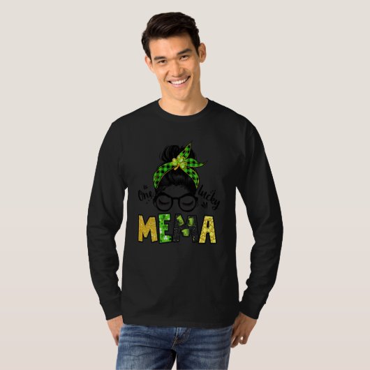 T-shirt One Lucky Mema Messy Bun Leopard St Patrick's Day (Devant entier)