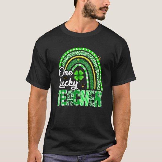 T-shirt One Lucky Teacher St Patrick's Day Rainbow Leopard (Devant)