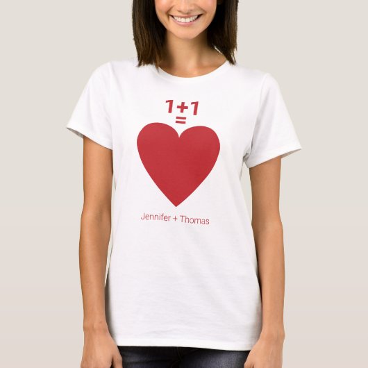T-shirt One Plus One Equals Love, Red Heart, Nom Personnal (Devant)