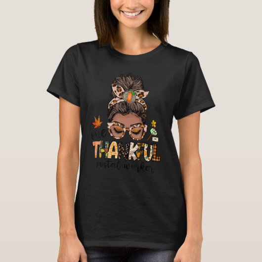 T-shirt One Thankful Postal Worker Messy Bun Fall Thanksg (Devant)