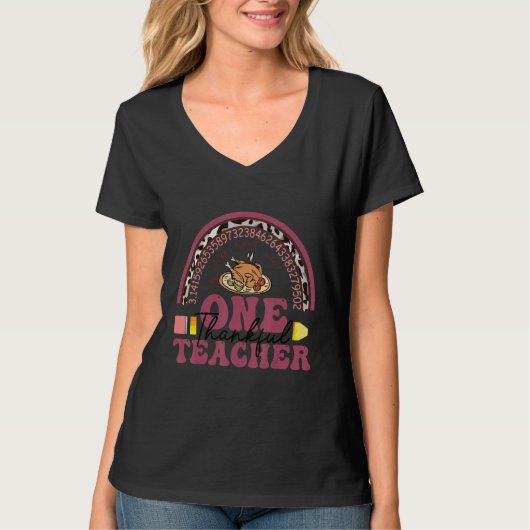T-shirt One Thankful Teacher Thanksgiving Rainbow Leopard  (Devant)