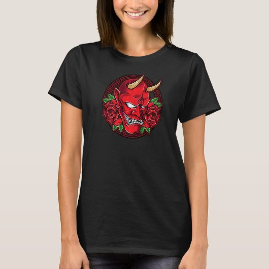 T-shirt Oni Demon Mask Horned Devil Head With Ros (Devant)