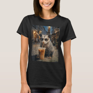 T-shirt Opossum Cool Buvant du Café Glacé Drôle de Nuit