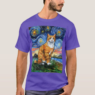 T-shirt Orange and White Tabby Tiger Cat Starry Night Art