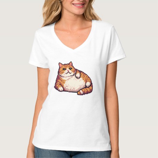 T-shirt Orange gros chat mème pixel art (Devant)