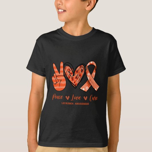 T-shirt Orange Leopard Peace Love Cure Leukemia Sensibilis (Devant)