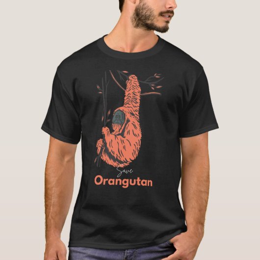 T-shirt Orange Noir Illustré Enregistrer Orangoutan  (Devant)