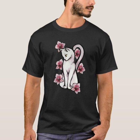 T-shirt Orchidées Chat Blanc Fleur (Devant)