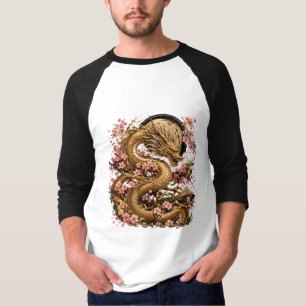 T-shirt Ordinateur portable esthétique Dragon Doré et Fleu
