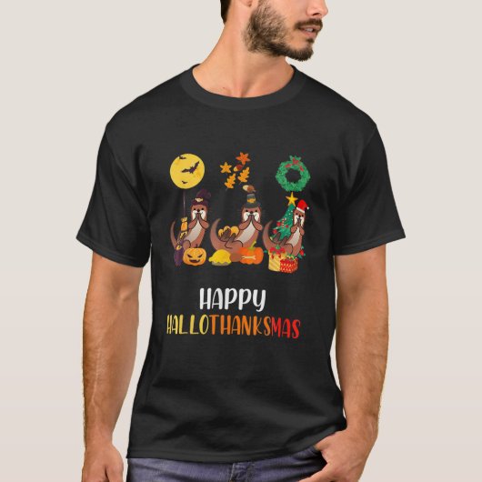 T-shirt Otter Halloween Pup Christmas Happy Hallothanksmas (Devant)
