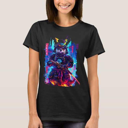 T-shirt Otter Katana Cyberpunk Neon Samurai Japanese Art  (Devant)