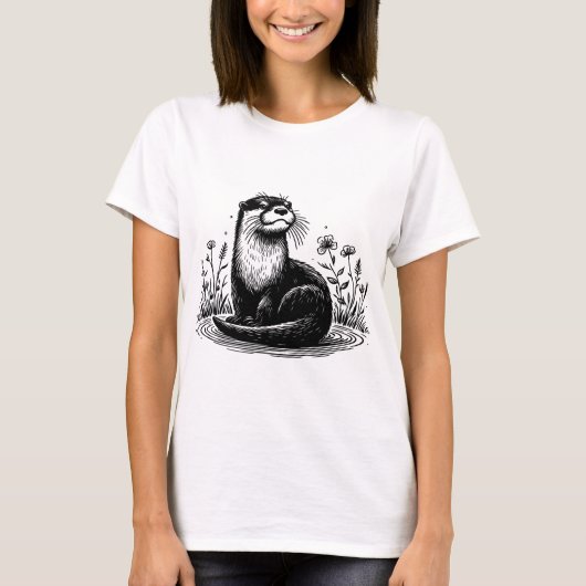 T-shirt Otter Line Art Nature Illustration (Devant)