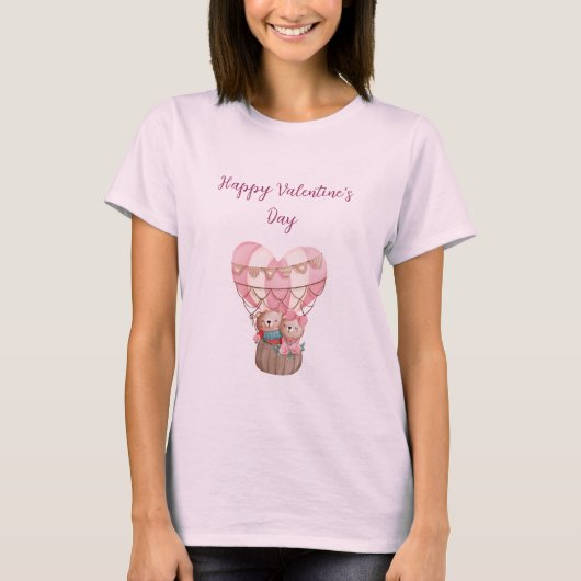 T-shirt Ours en peluche de la Saint-Valentin rose montgolf (Devant)