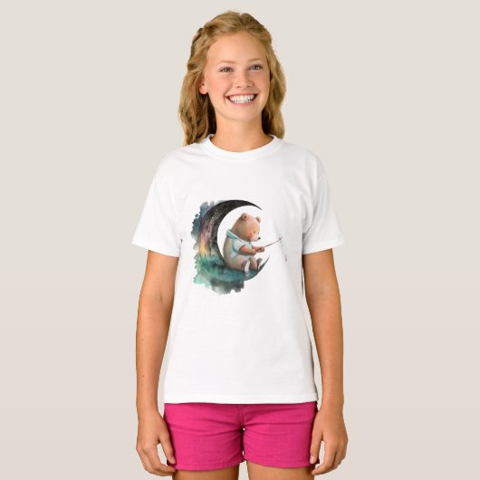 T-shirt Ours en peluche mignon sur la Lune, Ours en carica (Devant entier)