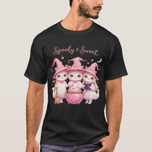 T-shirt oversize chat sorcière mignon et effrayant (Devant)