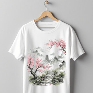 T-shirt Pagode japonaise & Art aquarelle de fleurs de ceri