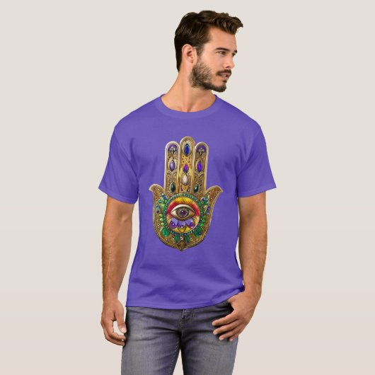 T-shirt Painted Gold Hamsa Amethyst Ruby Third Eye (Devant entier)