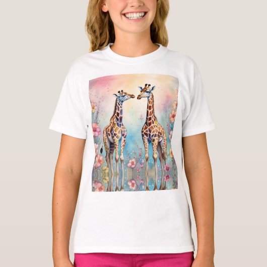 T-shirt Paire de girafes dans un jardin pastel (Devant)