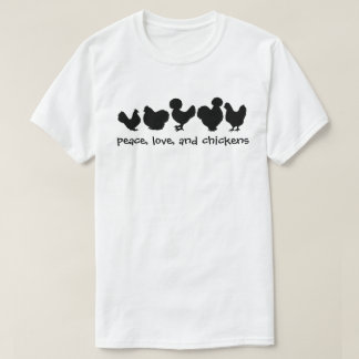 T-shirt paix, amour, et poulets blancs