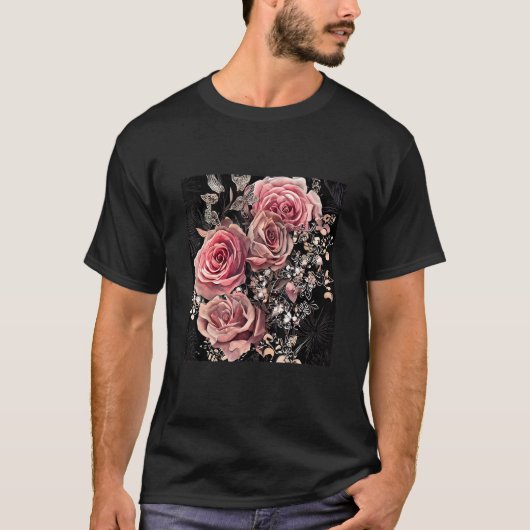 T-shirt Pale Pink Roses with Delicate Vines Rustic Floral (Devant)